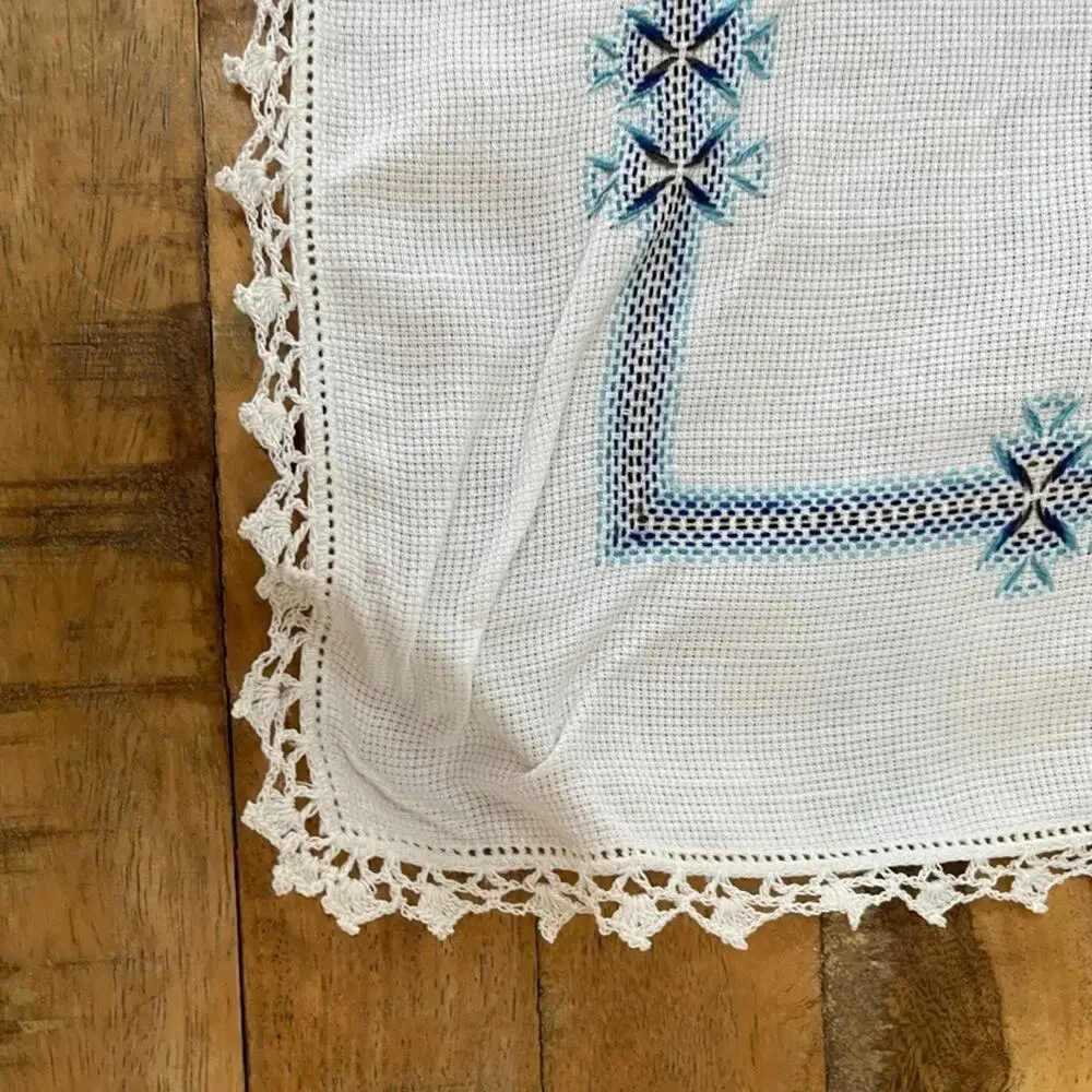 White Cotton Napkin Set (4) Handmade Blue Cross-Stitch Floral Crochet Border